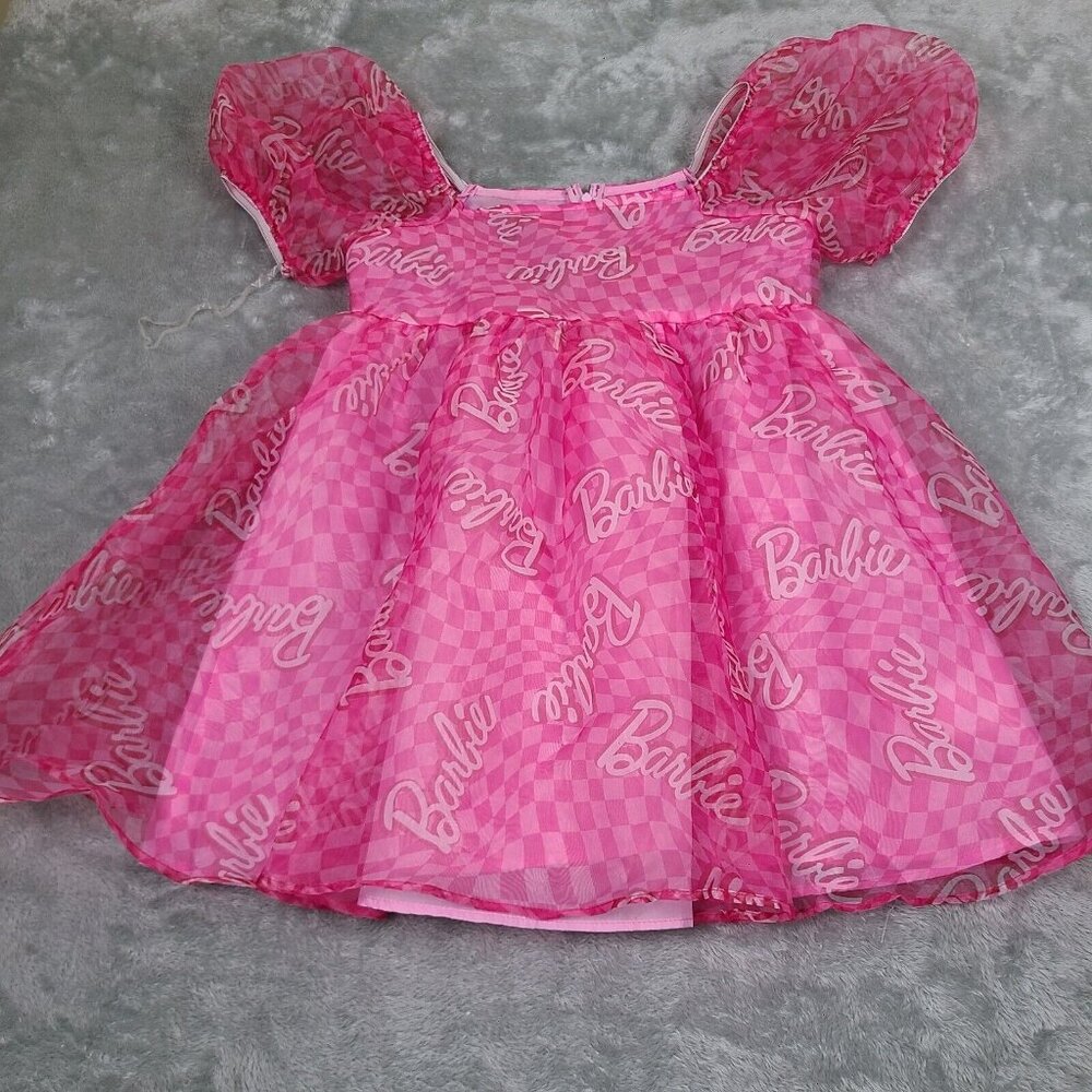 Girl's Pink Barbie Logo Puff Dress Size XLโ 14 Balloon Sleeves Tulle Puff Skirt